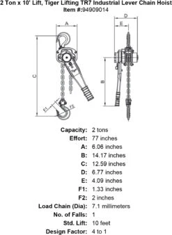 Tiger Lifting Industrial Lever Chain Hoists -E-rigging Store 2 ton x 10 lift tiger lifting tr7 industrial lever chain hoist specification diagram