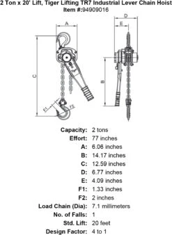 Tiger Lifting Industrial Lever Chain Hoists -E-rigging Store 2 ton x 20 lift tiger lifting tr7 industrial lever chain hoist specification diagram