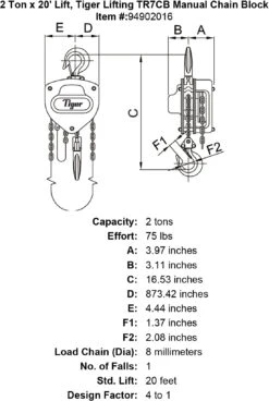 Tiger Lifting Industrial Chain Blocks 41 Tiger Lifting Industrial Chain Blocks -E-rigging Store 2 ton x 20 lift tiger lifting tr7cb manual chain block specification diagram
