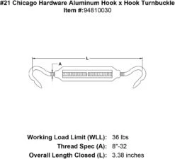Chicago Hardware Aluminum Hook X Hook Turnbuckles -E-rigging Store 21 chicago hardware aluminum hook x hook turnbuckle specification diagram