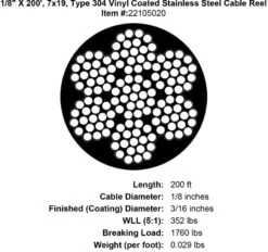PRO Strand 7x19 Type 304 Vinyl Coated Stainless Steel Cable -E-rigging Store 22105020