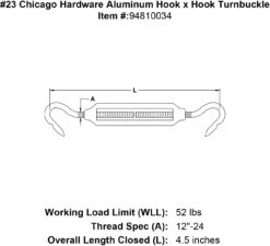 Chicago Hardware Aluminum Hook X Hook Turnbuckles -E-rigging Store 23 chicago hardware aluminum hook x hook turnbuckle specification diagram