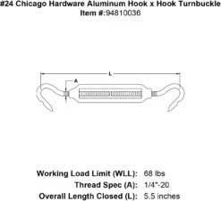 Chicago Hardware Aluminum Hook X Hook Turnbuckles -E-rigging Store 24 chicago hardware aluminum hook x hook turnbuckle specification diagram