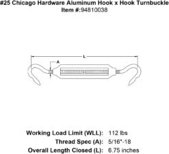 Chicago Hardware Aluminum Hook X Hook Turnbuckles -E-rigging Store 25 chicago hardware aluminum hook x hook turnbuckle specification diagram