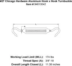 Chicago Hardware Aluminum Hook X Hook Turnbuckles -E-rigging Store 27 chicago hardware aluminum hook x hook turnbuckle specification diagram