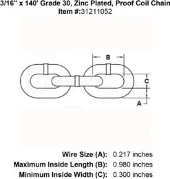 Lynx Grade 30 Zinc Plated Chain -E-rigging Store 3 16 x 140 Grade 30 Zinc Plated Proof Coil Chain specification diagram