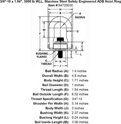 Stainless Safety Engineered Swivel Hoist Rings -E-rigging Store 3 4 10 x 1 54 3500 lb Stainless Steel Safety Engineered Hoist Ring specification diagram