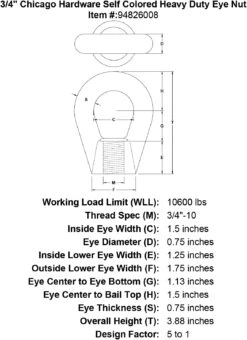 Chicago Hardware Self Colored Heavy Duty Eye Nuts -E-rigging Store 3 4 chicago hardware self colored heavy duty eye nut specification diagram