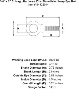 Chicago Hardware Zinc Plated Machinery Eye Bolts -E-rigging Store 3 4 x 2 chicago hardware zinc plated machinery eyebolt specification diagram
