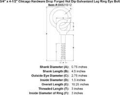 Chicago Hardware Drop Forged Hot Dip Galvanized Lag Screw Ring Eye Bolts -E-rigging Store 3 4 x 4 1 2 chicago hardware drop forged hot dip galvanized lag ring eyebolt specification diagram