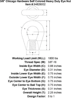 Chicago Hardware Self Colored Heavy Duty Eye Nuts -E-rigging Store 3 8 chicago hardware self colored heavy duty eye nut specification diagram