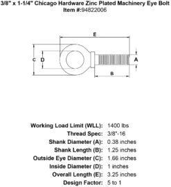 Chicago Hardware Zinc Plated Machinery Eye Bolts -E-rigging Store 3 8 x 1 1 4 chicago hardware zinc plated machinery eyebolt specification diagram