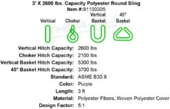 2600 Lb. Vertical Capacity Polyester Round Slings -E-rigging Store 3 foot X 2600 lb Round Sling specification diagram