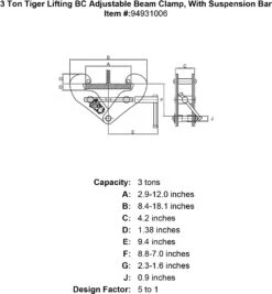Tiger Lifting Adjustable Angle Beam Clamps With Suspension Bar -E-rigging Store 3 ton tiger lifting bc adjustable beam clamp with suspension bar specification diagram