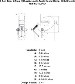 Tiger Lifting Adjustable Angle Beam Clamps With Shackle -E-rigging Store 3 ton tiger lifting bca adjustable angle beam clamp with shackle specification diagram