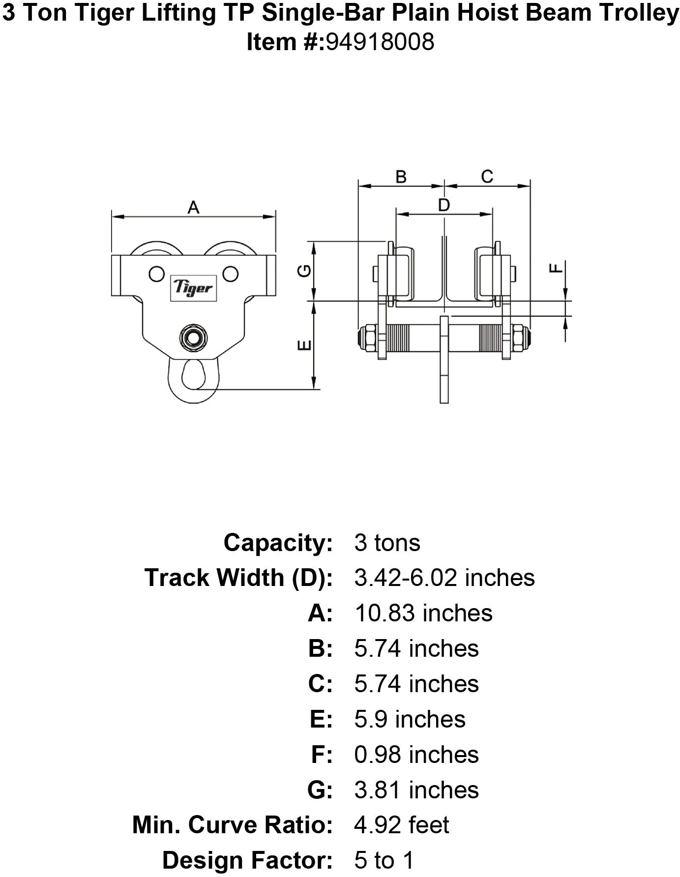 Tiger Lifting Single-Bar Plain Hoist Beam Trolleys 5 Tiger Lifting Single-Bar Plain Hoist Beam Trolleys - Image 3