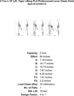 Tiger Lifting Professional Lever Chain Hoists -E-rigging Store 3 ton x 10 lift tiger lifting plh professional lever chain hoist specification diagram