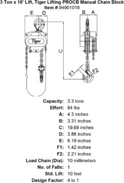 Tiger Lifting Professional Chain Blocks With Overload Protection -E-rigging Store 3 ton x 10 lift tiger lifting procb manual chain block specification diagram