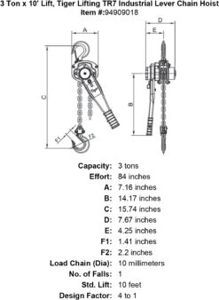Tiger Lifting Industrial Lever Chain Hoists -E-rigging Store 3 ton x 10 lift tiger lifting tr7 industrial lever chain hoist specification diagram