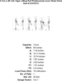 Tiger Lifting Professional Lever Chain Hoists -E-rigging Store 3 ton x 20 lift tiger lifting plh professional lever chain hoist specification diagram