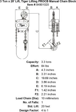 Tiger Lifting Professional Chain Blocks With Overload Protection -E-rigging Store 3 ton x 20 lift tiger lifting procb manual chain block specification diagram