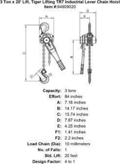 Tiger Lifting Industrial Lever Chain Hoists -E-rigging Store 3 ton x 20 lift tiger lifting tr7 industrial lever chain hoist specification diagram