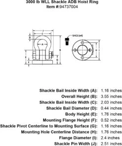 Shackle Hoist Rings -E-rigging Store 3000 lb WLL Shackle Hoist Ring specification diagram