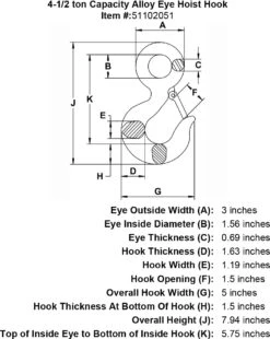 Alloy Eye Hoist Hook 24 Alloy Eye Hoist Hook -E-rigging Store 4 half ton Eye Hoist Hook specification diagram