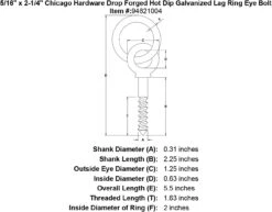 Chicago Hardware Drop Forged Hot Dip Galvanized Lag Screw Ring Eye Bolts -E-rigging Store 5 16 x 2 1 4 chicago hardware drop forged hot dip galvanized lag ring eyebolt specification diagram