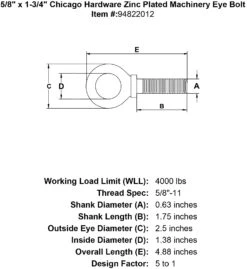 Chicago Hardware Zinc Plated Machinery Eye Bolts -E-rigging Store 5 8 x 1 3 4 chicago hardware zinc plated machinery eyebolt specification diagram