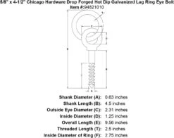 Chicago Hardware Drop Forged Hot Dip Galvanized Lag Screw Ring Eye Bolts -E-rigging Store 5 8 x 4 1 2 chicago hardware drop forged hot dip galvanized lag ring eyebolt specification diagram