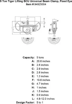 Tiger Lifting Universal Beam Clamps 7 Tiger Lifting Universal Beam Clamps -E-rigging Store 5 ton tiger lifting bcu universal beam clamp fixed eye specification diagram