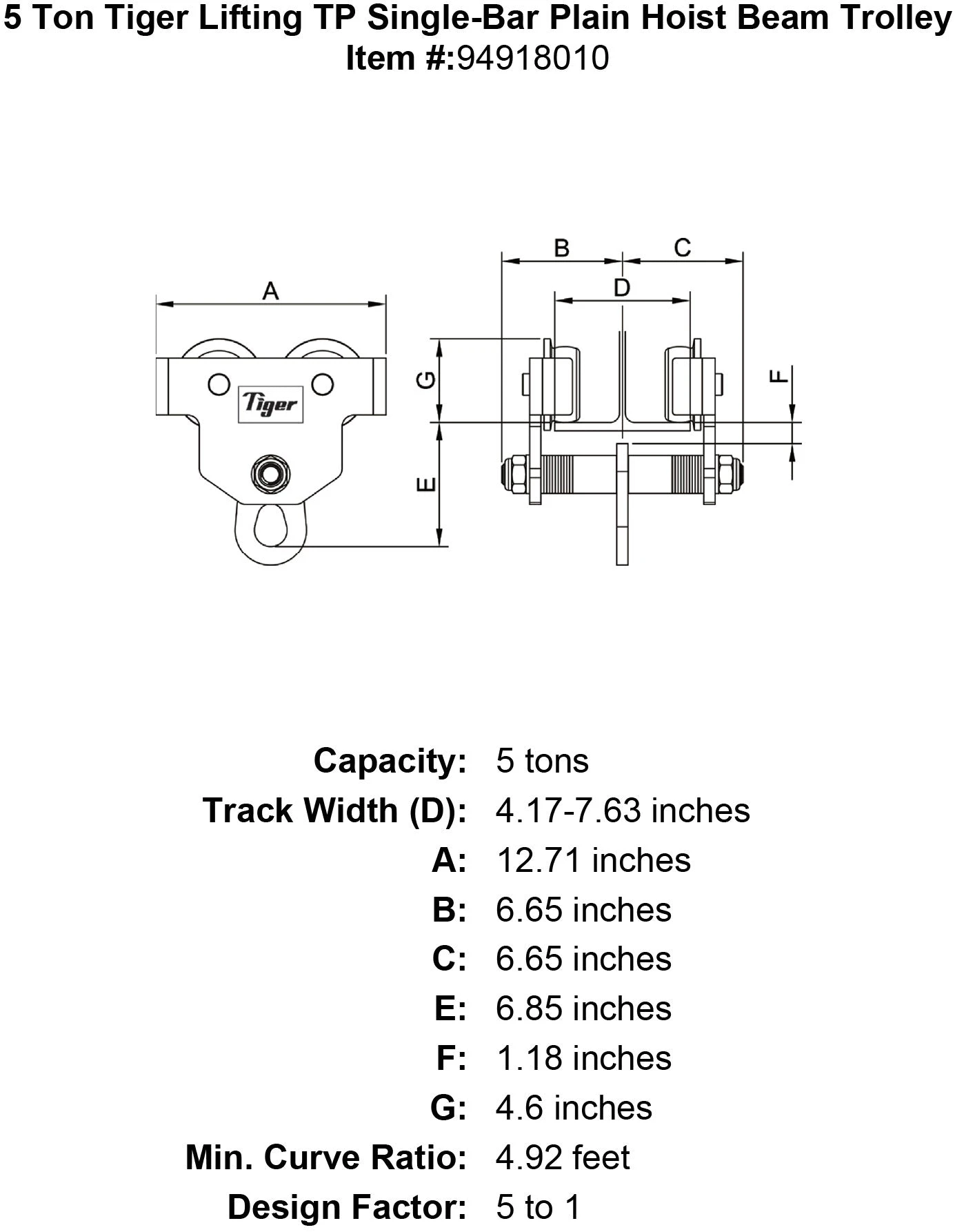 Tiger Lifting Single-Bar Plain Hoist Beam Trolleys 4 Tiger Lifting Single-Bar Plain Hoist Beam Trolleys - Image 2