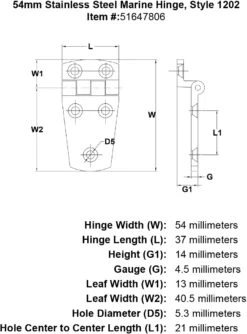 Style 1202 Hinge -E-rigging Store 54mm Stainless Steel Marine Hinge Style 1202 specification diagram