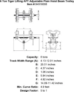 Tiger Lifting Adjustable Plain Hoist Beam Trolleys -E-rigging Store 6 ton tiger lifting apt adjustable plain hoist beam trolley specification diagram