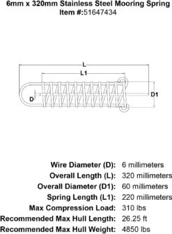 Stainless Mooring Springs -E-rigging Store 6mm x 320mm Stainless Steel Mooring Spring specification diagram