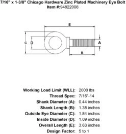 Chicago Hardware Zinc Plated Machinery Eye Bolts -E-rigging Store 7 16 x 1 3 8 chicago hardware zinc plated machinery eyebolt specification diagram