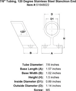 120 Degree Stanchion Ends -E-rigging Store 7 8 Tubing 120 Degree Stainless Steel Stanchion End specification diagram