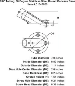 30 Degree Round Base Concave Fittings -E-rigging Store 7 8 Tubing 30 Degree Stainless Steel Round Concave Base specification diagram