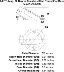 30 Degree Round Base Fittings -E-rigging Store 7 8 Tubing 30 Degree Stainless Steel Round Flat Base specification diagram