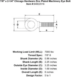 Chicago Hardware Zinc Plated Machinery Eye Bolts -E-rigging Store 7 8 x 2 1 4 chicago hardware zinc plated machinery eyebolt specification diagram