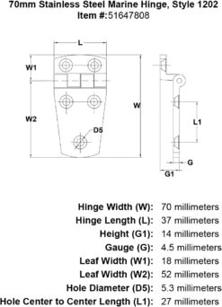 Style 1202 Hinge -E-rigging Store 70mm Stainless Steel Marine Hinge Style 1202 specification diagram