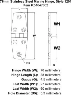 Style 1201 Hinge -E-rigging Store 76mm Stainless Steel Marine Hinge Style 1201 specification diagram
