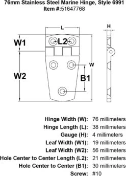 Style 6991 Hinge 9 Style 6991 Hinge -E-rigging Store 76mm Stainless Steel Marine Hinge Style 6991 specification diagram