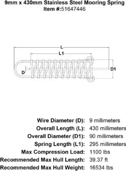 Stainless Mooring Springs -E-rigging Store 9mm x 430mm Stainless Steel Mooring Spring specification diagram