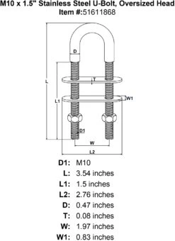 Stainless U-Bolts With Oversized Head, Metric -E-rigging Store M10 x 1 5 Stainless Steel U Bolt Oversized Head specification diagram