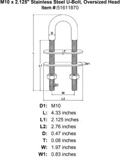 Stainless U-Bolts With Oversized Head, Metric -E-rigging Store M10 x 2 125 Stainless Steel U Bolt Oversized Head specification diagram