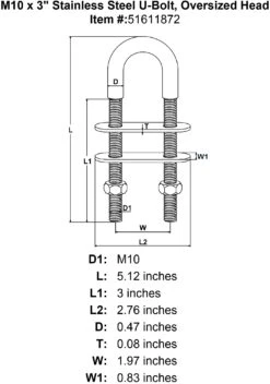 Stainless U-Bolts With Oversized Head, Metric -E-rigging Store M10 x 3 Stainless Steel U Bolt Oversized Head specification diagram