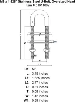 Stainless U-Bolts With Oversized Head, Metric -E-rigging Store M6 x 1 625 Stainless Steel U Bolt Oversized Head specification diagram