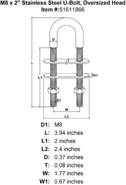 Stainless U-Bolts With Oversized Head, Metric -E-rigging Store M8 x 2 Stainless Steel U Bolt Oversized Head specification diagram